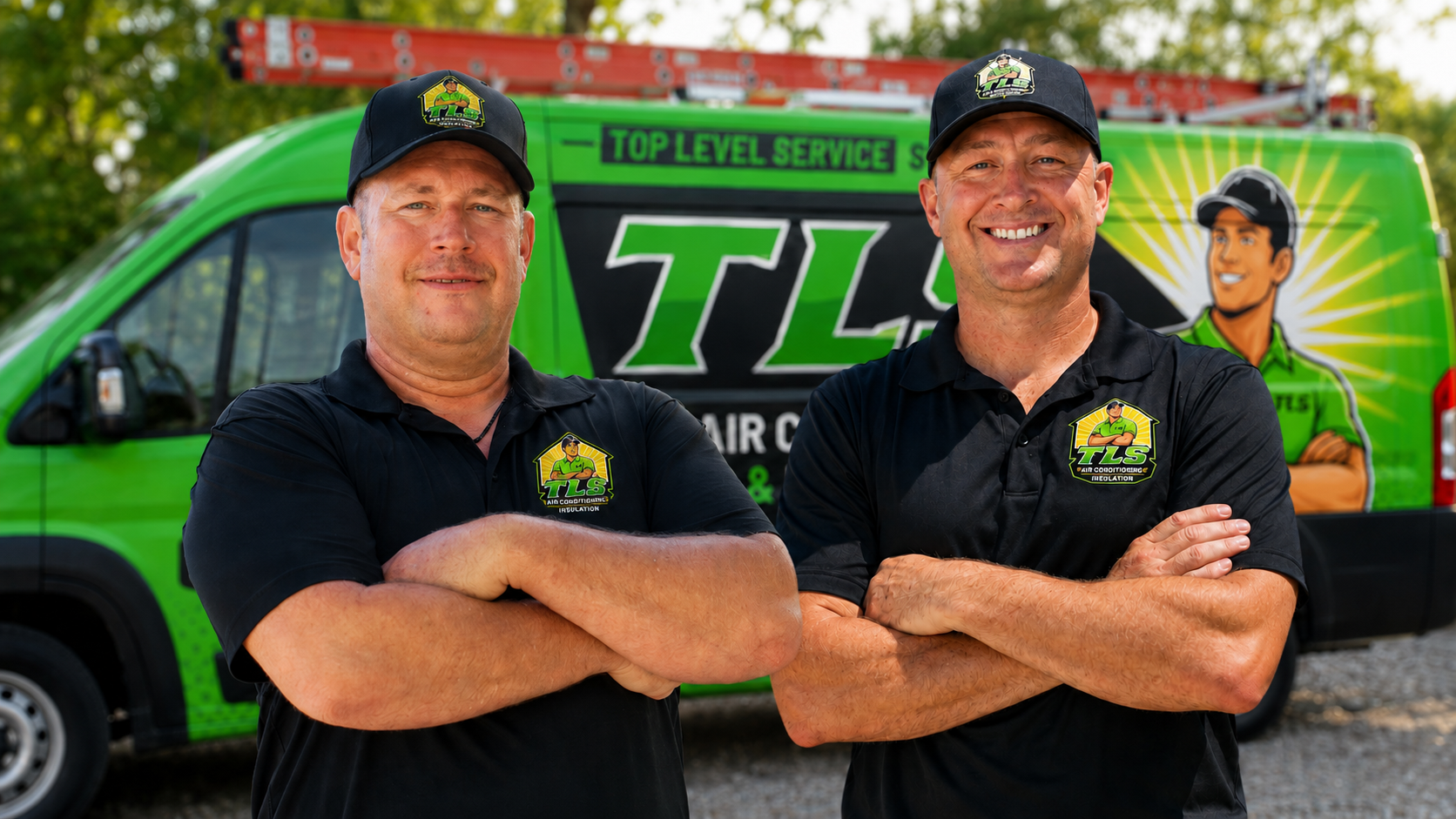 Seth and Thomas Hoerig, owners of TLS Air Conditioning, in front of a TLS van